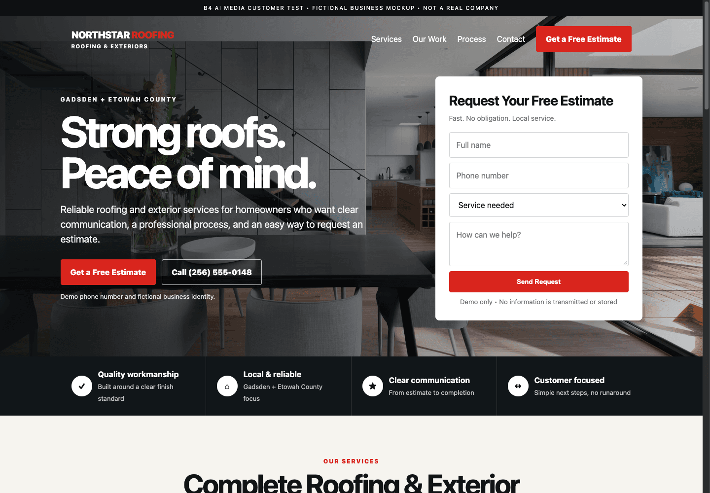 Northstar Roofing and Exteriors website concept with residential roofing imagery and estimate calls to action
